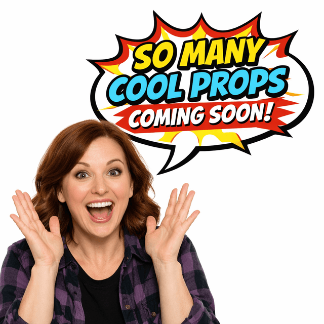 Excited woman with hands raised, speech bubble saying SO MANY COOL PROPS COMING SOON!