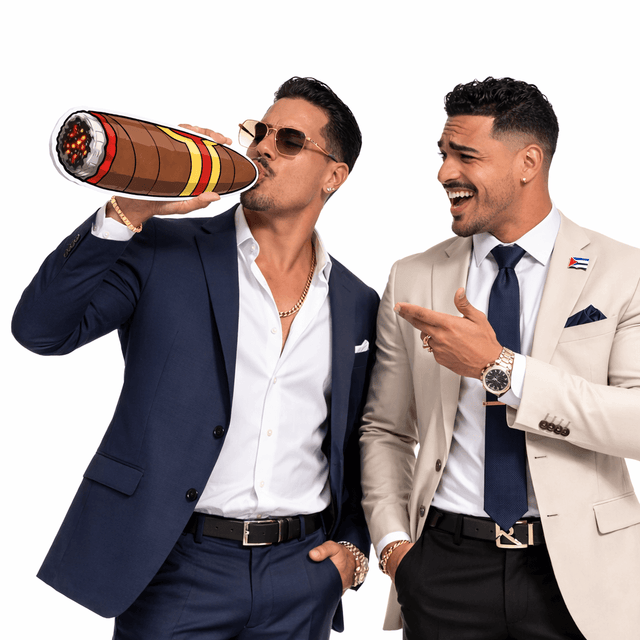 Cigar (Double sided) Individual Prop displayed by two stylish men, showcasing fun and high-quality design.