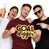 Group of friends holding a Goal Digger Prop, celebrating with fun expressions and drinks.
