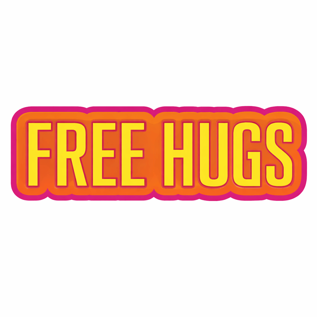 Colorful graphic of the phrase Free Hugs, designed as a fun prop for events and gatherings.