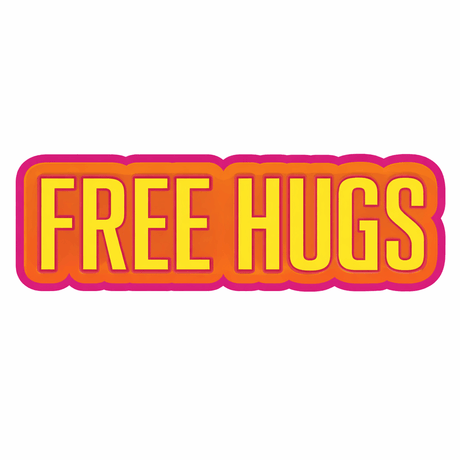 Colorful graphic of the phrase Free Hugs, designed as a fun prop for events and gatherings.