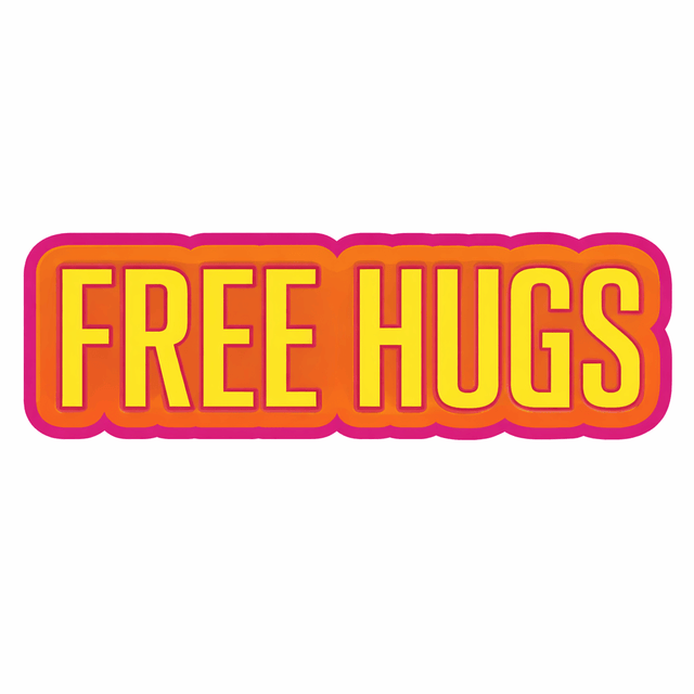 Colorful graphic of the phrase Free Hugs, designed as a fun prop for events and gatherings.