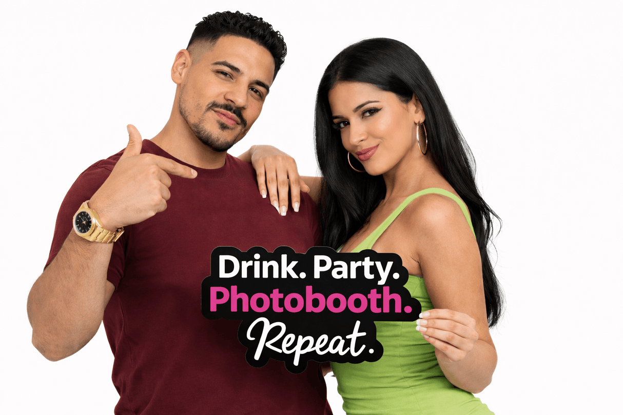 Drink.Party.Photobooth.Repeat Prop held by a couple, showcasing fun and vibrant party spirit.