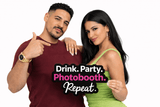 Drink.Party.Photobooth.Repeat Prop held by a couple, showcasing fun and vibrant party spirit.