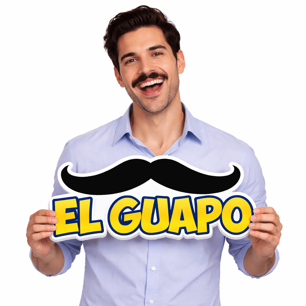 Man holding El Guapo Big Individual Prop with a mustache design, showcasing a fun and vibrant accessory.