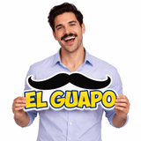 Man holding El Guapo Big Individual Prop with a mustache design, showcasing a fun and vibrant accessory.