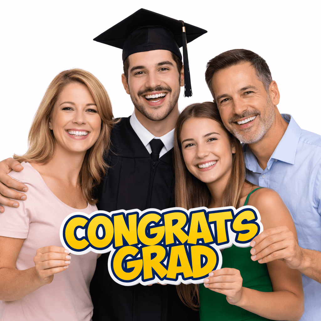 Congrats Grad Individual Prop held by a happy graduate and family members, celebrating graduation achievement.
