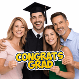 Congrats Grad Individual Prop held by a happy graduate and family members, celebrating graduation achievement.