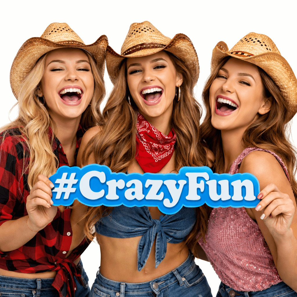 Three smiling women in cowboy hats holding a sign that says #CrazyFun, embodying joy and excitement.