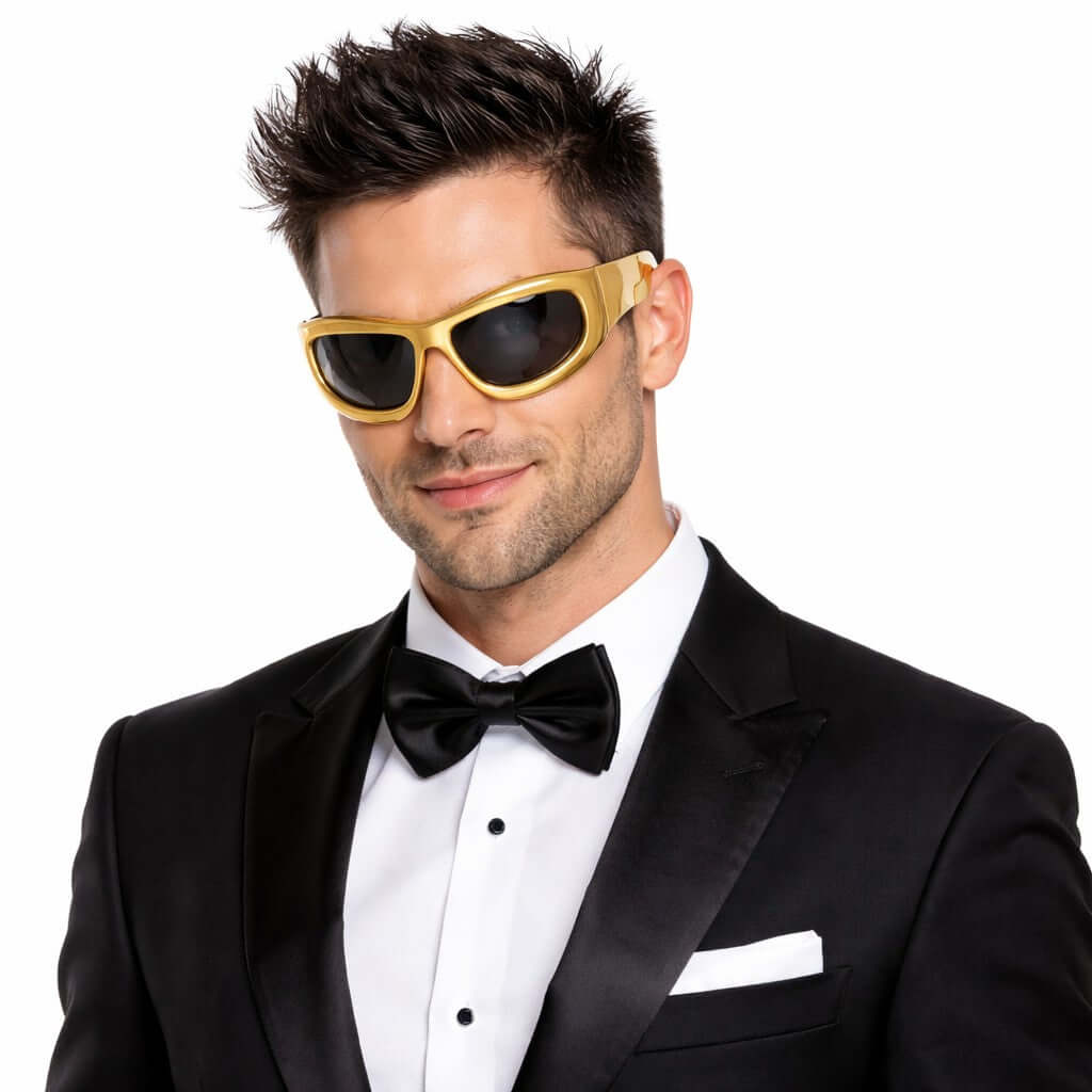 Stylish man wearing Metallic Gold Glasses with a tuxedo, perfect for parties and photo booth fun.