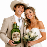 Moon Shine Big Bottle - Big PVC Photo Booth Prop displayed by a smiling couple at a wedding event.