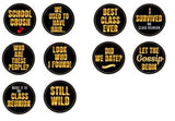 Colorful black and gold photo booth props for class reunion, featuring fun phrases like 'School Crush' and 'Best Class Ever'.