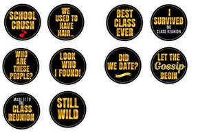 Colorful black and gold photo booth props for class reunion, featuring fun phrases like 'School Crush' and 'Best Class Ever'.