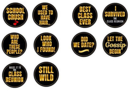 Colorful black and gold photo booth props for class reunion, featuring fun phrases like 'School Crush' and 'Best Class Ever'.
