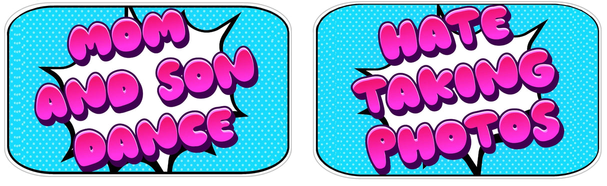 Colorful photo booth props for mom-son dance featuring playful phrases, ideal for memorable events.