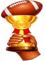 Football Prop Set featuring a trophy held by a hand with a football on top, ideal for sports celebrations.