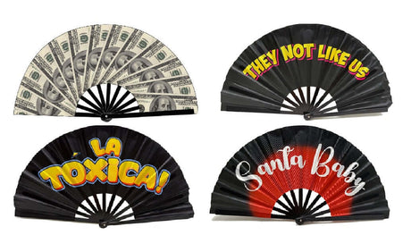 Collection of four colorful folding fans featuring money, fun phrases, and vibrant designs, perfect for events.