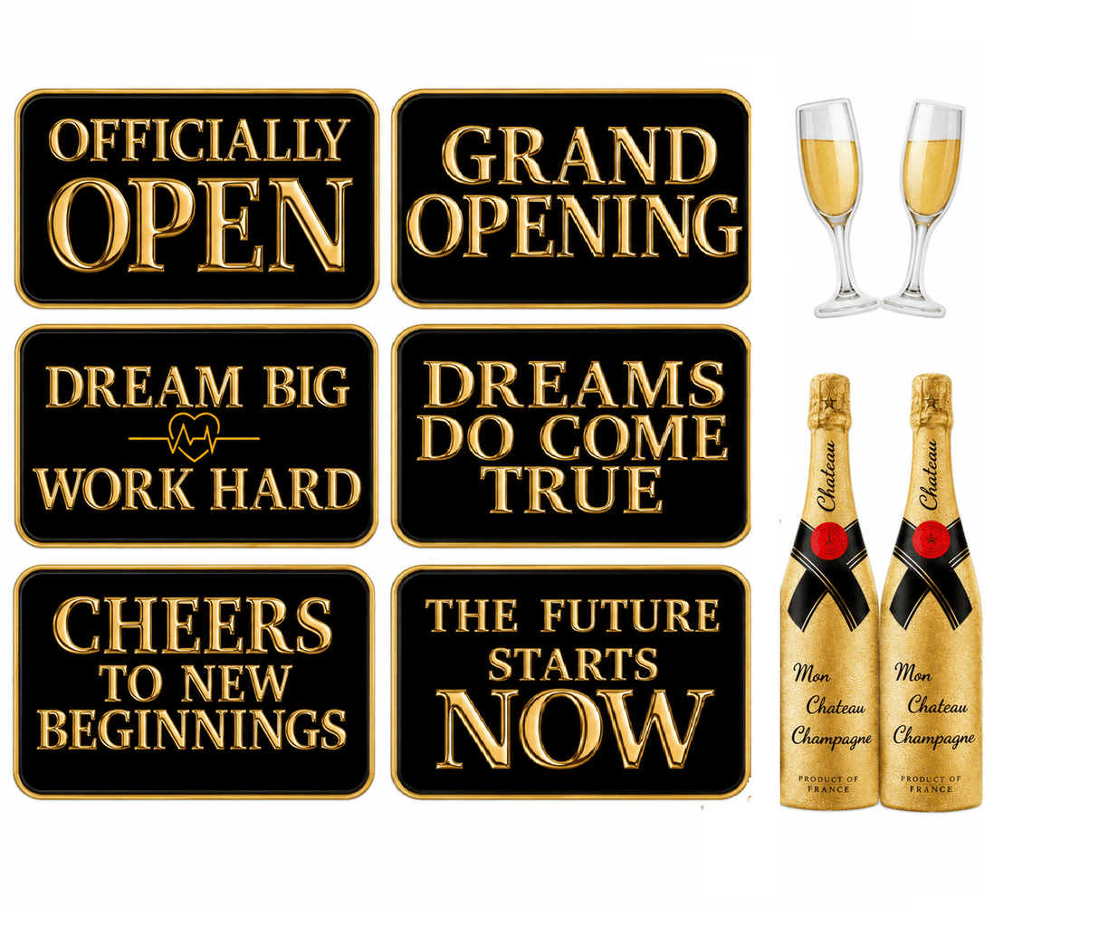 Grand Opening Oversized Five Piece Decor Kit For Launch Celebration And Photo Backdrop featuring elegant signage and champagne.
