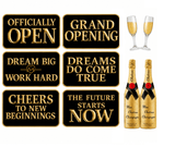 Grand Opening Oversized Five Piece Decor Kit For Launch Celebration And Photo Backdrop featuring elegant signage and champagne.