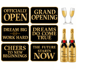 Grand Opening Oversized Five Piece Decor Kit For Launch Celebration And Photo Backdrop featuring elegant signage and champagne.