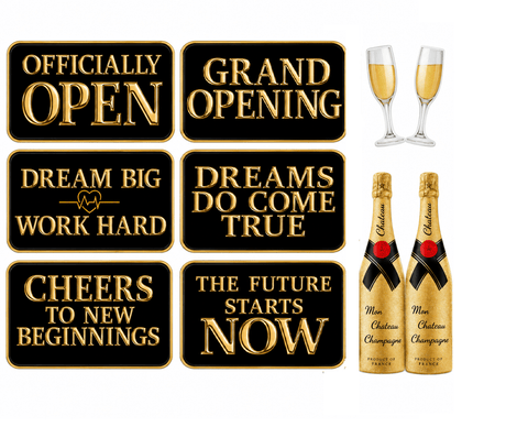 Grand Opening Oversized Five Piece Decor Kit For Launch Celebration And Photo Backdrop featuring elegant signage and champagne.
