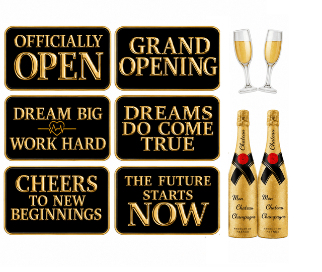 Grand Opening Oversized Five Piece Decor Kit For Launch Celebration And Photo Backdrop featuring elegant signage and champagne.