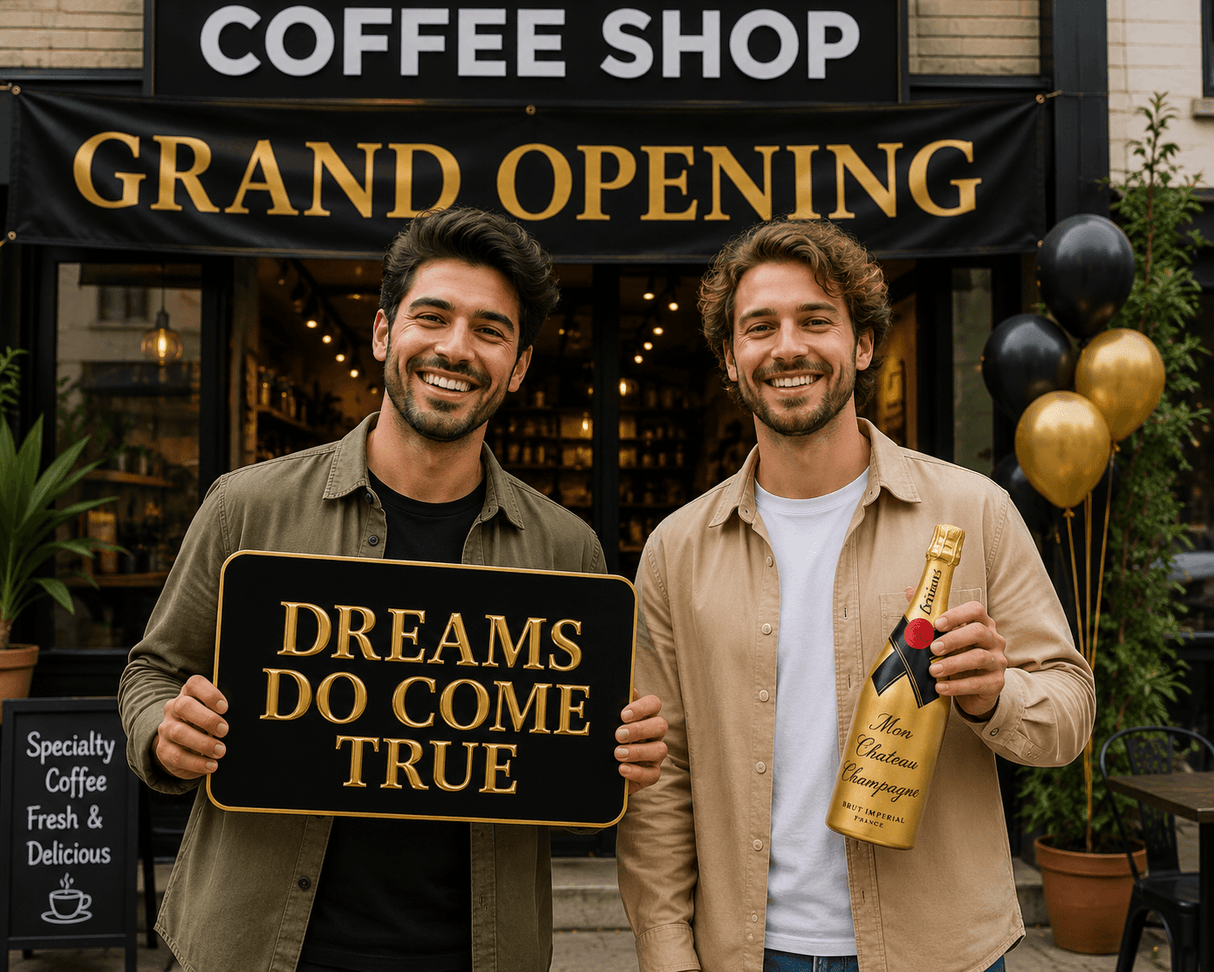 Grand Opening Oversized Five Piece Decor Kit For Launch Celebration And Photo Backdrop at a coffee shop.