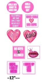 Girls Night Neon Party 12" decorations featuring fun themes like 'No Boys Allowed' and 'Good Girls Bad Boys' in vibrant colors.