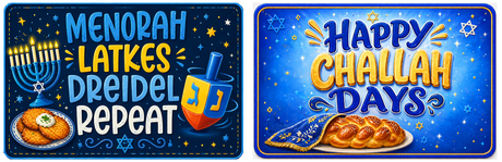 Hanukkah - Photo Booth Sign Props. Set of5  - Double Sided featuring Menorah and Challah designs.