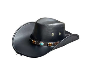 Black Cowboy Hat with Faux Turquoise featuring braided leather band and turquoise centerpiece.