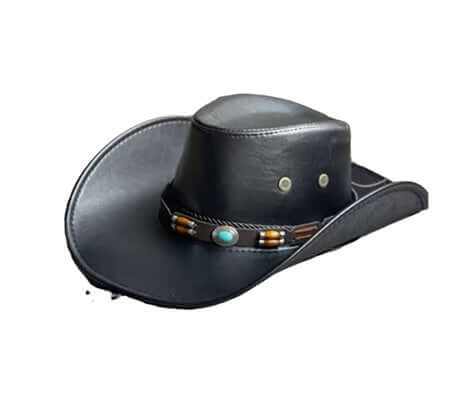 Black Cowboy Hat with Faux Turquoise featuring braided leather band and turquoise centerpiece.