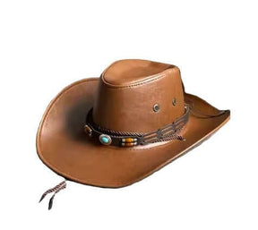 Brown Cowboy Hat with Faux Turquoise with braided leather-style hat band and turquoise centerpiece.