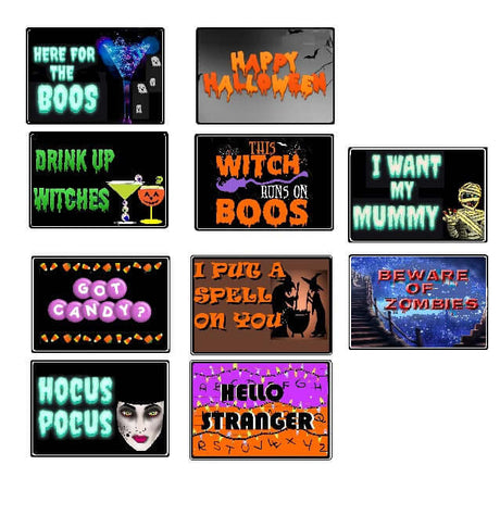 Halloween photo booth sign props set, 10 double-sided designs, waterproof and reusable, perfect for festive photo booths.