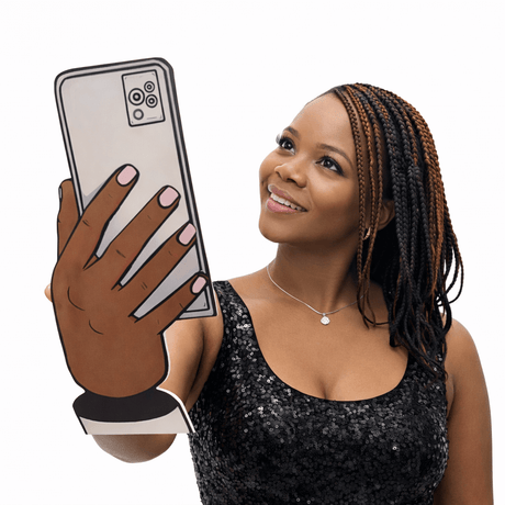 Big oversized hand CellPhone with PopSocket holder implemented in a fun photo booth prop.