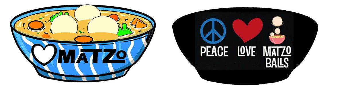 Matzo balls photo booth prop featuring vibrant bowl design and peace love matzo balls graphic for festive events.