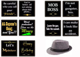 Mob Boss photo booth prop set featuring double-sided signs and a stylish grey fedora hat.
