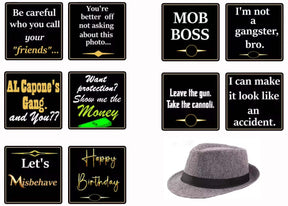 Mob Boss photo booth prop set featuring double-sided signs and a stylish grey fedora hat.