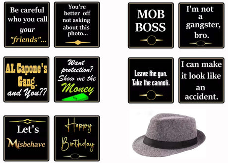 Mob Boss photo booth prop set featuring double-sided signs and a stylish grey fedora hat.