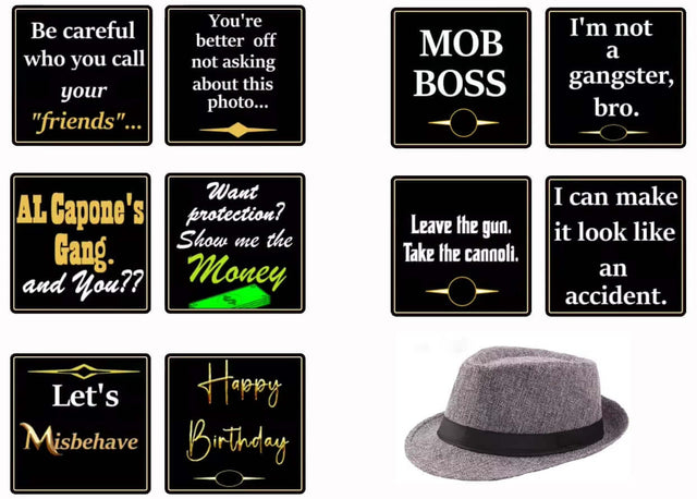 Mob Boss photo booth prop set featuring double-sided signs and a stylish grey fedora hat.