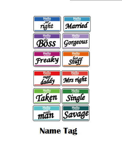 Colorful double-sided name tag props including funny phrases for photo booth events.