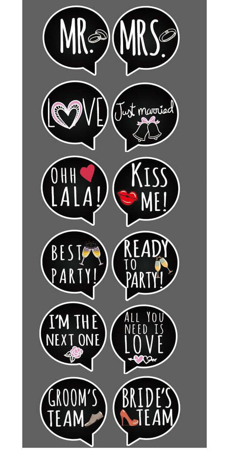 Just Married Wedding Set - 6 piece photo booth sign props in fun, colorful speech bubble designs.