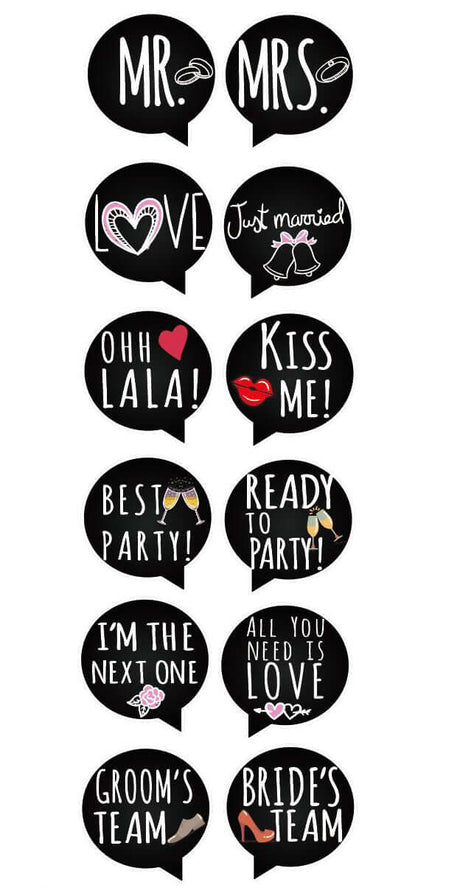 Just Married Wedding Set photo booth props featuring fun signs like Mr., Mrs., Kiss Me, and Best Party!