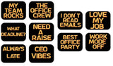 Corporate black and gold photo booth props, featuring fun phrases like 'My Team Rocks' and 'Need a Raise', 10" double-sided.