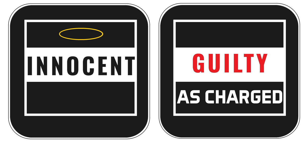 Innocent and Guilty sign props for party fun, black and white design, suitable for themed events and gatherings.