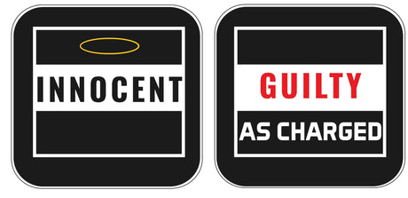 Innocent and Guilty sign props for party fun, black and white design, suitable for themed events and gatherings.