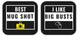 Two humorous party props: 'Best Mug Shot' with camera and 'I Like Big Busts' with handcuffs.