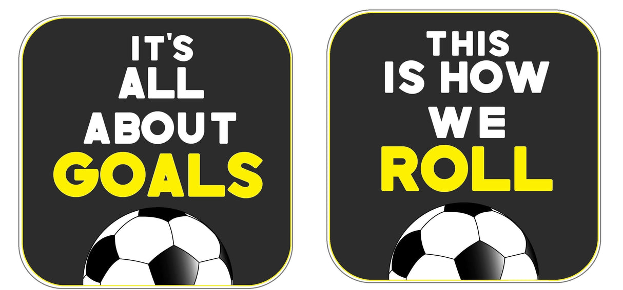 Soccer Prop Set for Parties and Photo Booths Includes Three PVC Props Each 10 Inch Square with fun goals quotes.