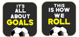 Soccer Prop Set for Parties and Photo Booths Includes Three PVC Props Each 10 Inch Square with fun goals quotes.