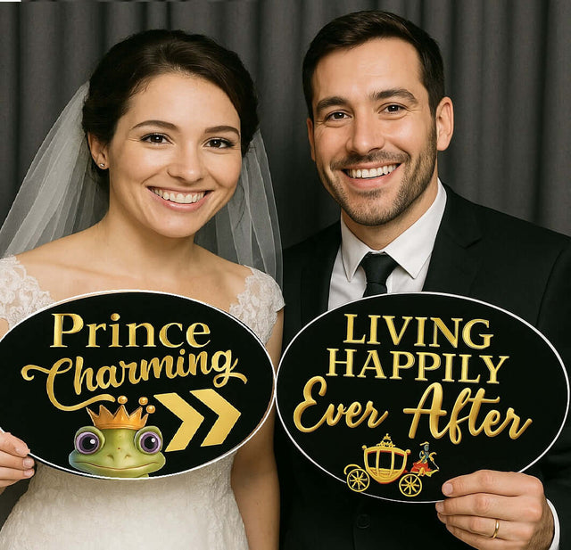 Fairytales/ Princess Party Prop Set featuring bride and groom holding whimsical signs, 'Prince Charming' and 'Living Happily Ever After'.