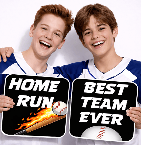 Baseball Prop Set Three 10 Inch Square Props For Parties Photo Booths And Event Decor with kids holding props.